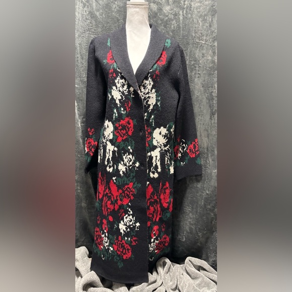 Vertigo Paris Sweaters - NWT Vertigo Paris Black, Red & White Rosette Knit Cardigan Sz Large